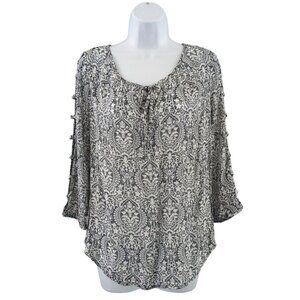 Fred David Women’s Blouse gray paisley front tie open panel sleeves medium EUC